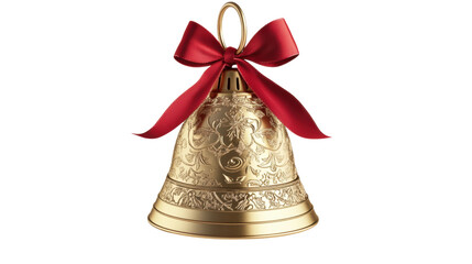 Golden christmas bell with red bow on transparent background