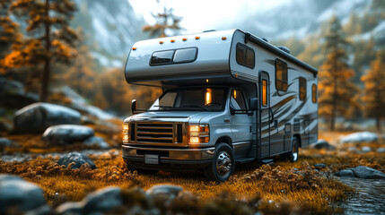 A silver recreational vehicle parked on a grassy area surrounded by tall trees on a sunny day in the forest