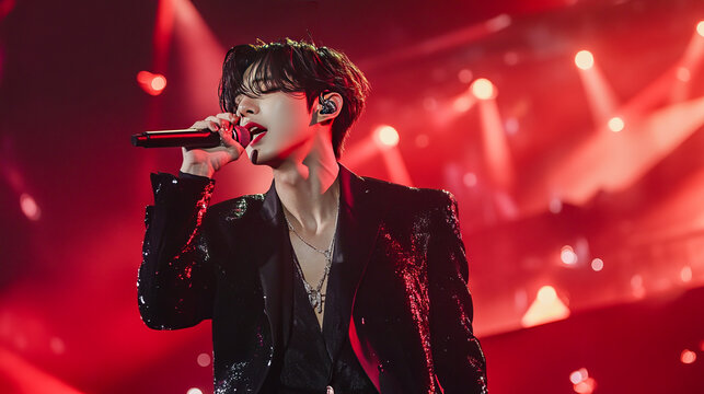 Asian young male singer performing on stage with red lighting and microphone
