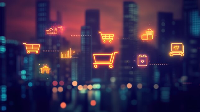 Glowing shopping cart hologram digital sale promotion poster design for holiday shopping season.