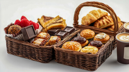Assorted pastries and chocolates in wicker baskets with coffee cups