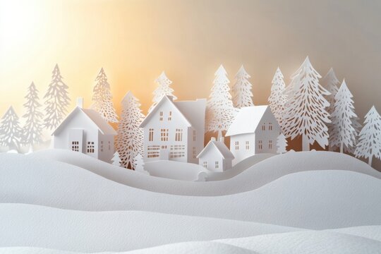 A beautifully crafted paper-cut village captures the essence of Christmas with cozy houses, pine trees, and a serene snowy landscape. Generative AI - Powered by Adobe