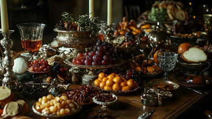 A 17th-century banquet table laden with candied fruits exotic spices roasted game and crystal goblets.