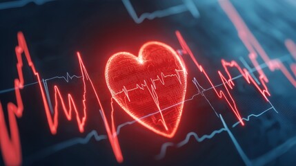 concept health warning Prevention monitoring. Digital heart graphic with heartbeat line in red tones.