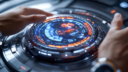 Futuristic interface with hands interacting with holographic control panel