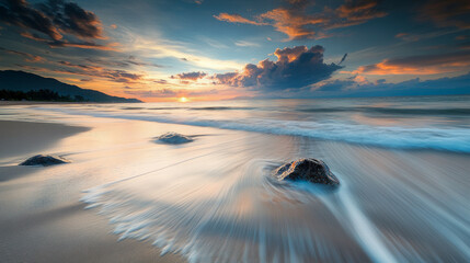 Breathtaking sunset over serene beach with gentle waves and dramatic clouds