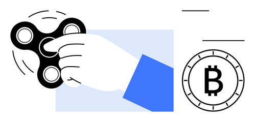 Hand interactively spinning a black fidget spinner next to a Bitcoin symbol with abstract lines around. Ideal for concepts of relaxation, play, investment, technology trends, mental health, digital