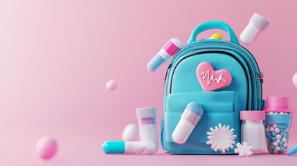 concept health warning Prevention monitoring. Bright blue backpack surrounded by colorful containers on a pink background.