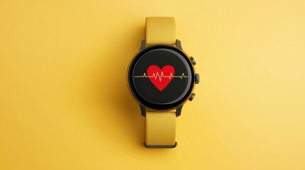 concept health warning Prevention monitoring. Smartwatch with a heart design on a yellow background.