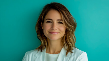 Fototapeta premium Caucasian female young doctor smiling in white coat against teal background