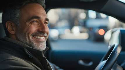 Obraz premium A smiling older man enjoys a scenic drive on a sunny day while seated in his car