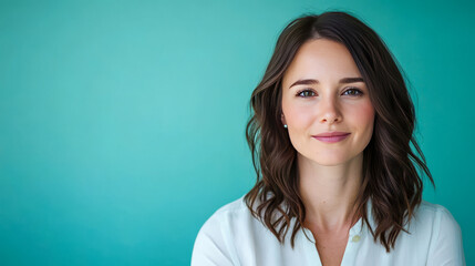 Fototapeta premium Caucasian young female smiling against teal background