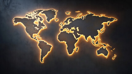 Glowing world map highlighting continents on a textured surface, representing global connections and travel destinations