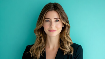 Obraz premium Young caucasian female with brown hair against teal background smiling