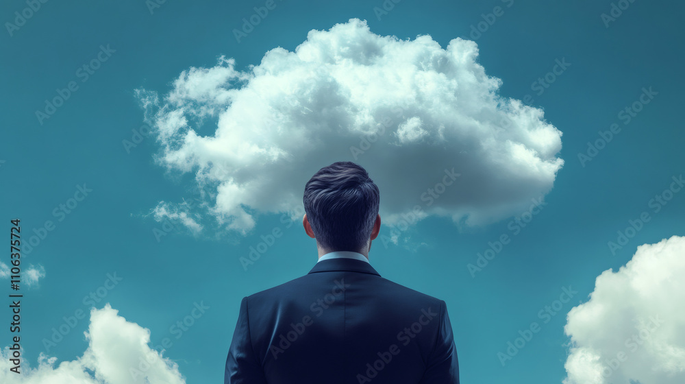 Poster businessman contemplating a large white cloud in a vast blue sky, symbolizing cloud computing, data 