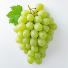 Obraz premium A bunch of fresh green grapes with a single leaf on a white background, AI