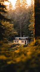 Cozy cabin nestled in a lush forest during golden hour, AI