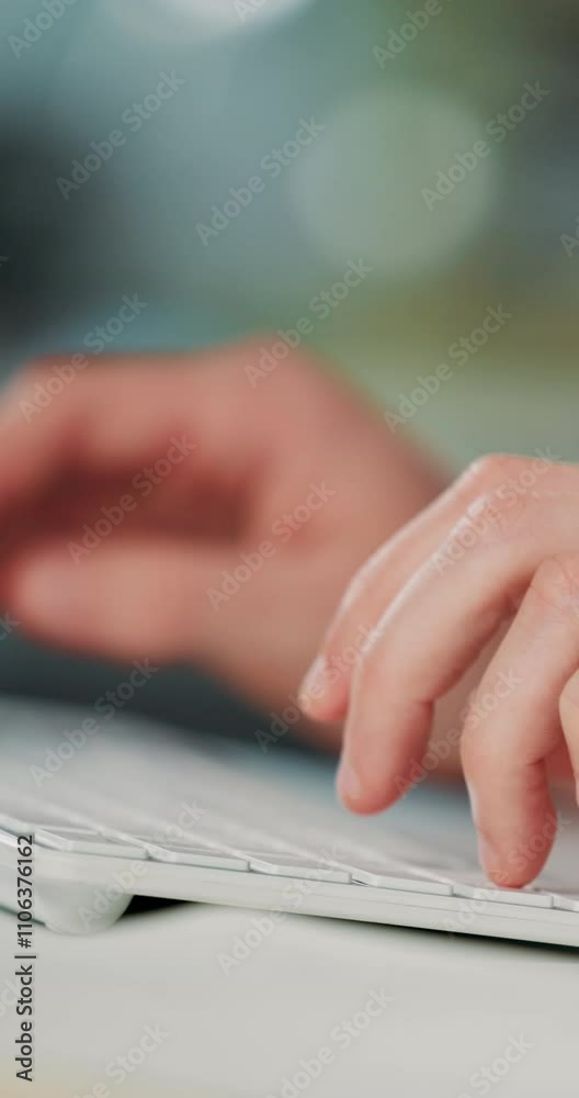 Poster computer, typing and hands of business person on keyboard for online project, proposal and research.