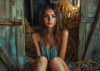 Naklejka premium Young caucasian female sitting in rustic barn, surrounded by hay