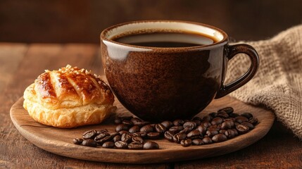 A cozy scene featuring a cup of coffee, a pastry, and coffee beans on a wooden plate.