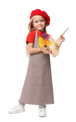 Little girl with brush and palette pretending to be artist on white background. Dreaming of future profession