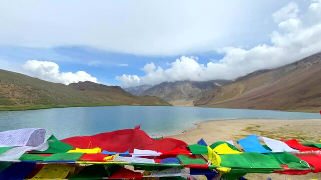 View of chandratal lake and himalayan mountains at chandratal in lahaul and spiti himachal pradesh, India.