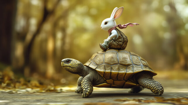 White rabbit wearing clothes and pink scarf riding a turtle in a forest, 3d render digital illustration based on the tortoise and hare allegory