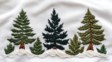Embroidered fir trees displayed in a row, featuring black thread on a white linen background, highlighting minimalist artistry with simple shapes