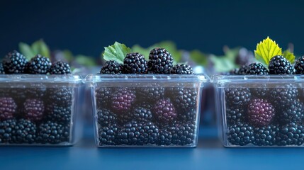Fresh blackberries, delicately arranged in transparent containers with a deep midnight blue background.