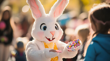 A cheerful Easter bunny costume handing out candy to children at a springtime festival.