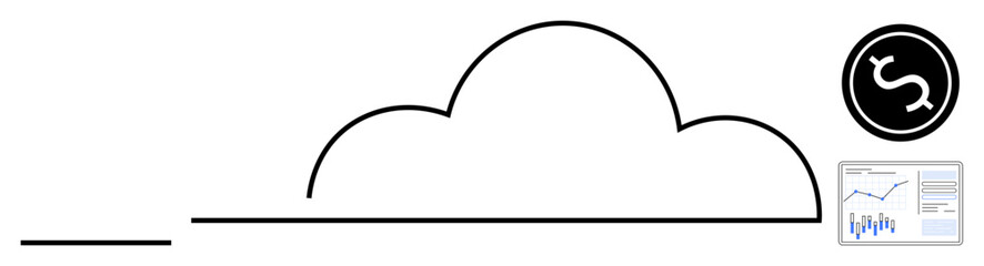 Simple cloud outline connected to a dollar symbol and a financial growth chart. Ideal for finance, cloud computing, investment, data analysis, financial planning, digital transformation, economic