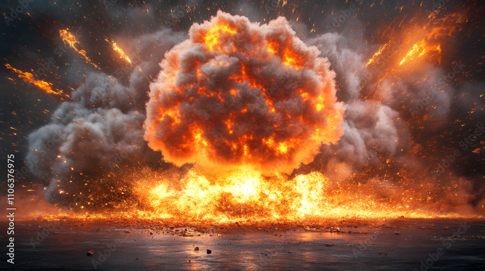 Poster witness the intense fiery explosion. sparks and smoke expanding on the ground. creating chaos and de