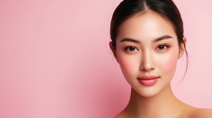 An Asian woman poses with impeccable skin against a pastel pink backdrop, reflecting skincare excellence and elegance in a commercial context.