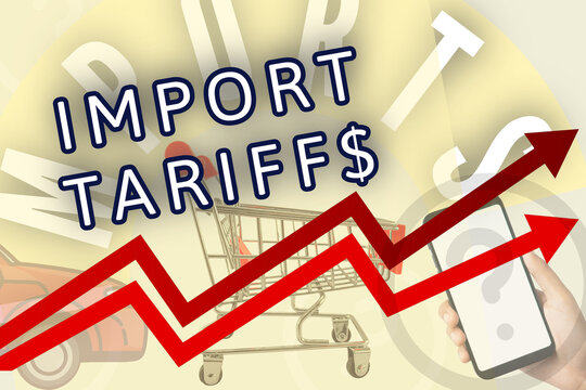 illustration concept of import tariffs tariff with arrows and grocery auto electronics focus economy question mark background