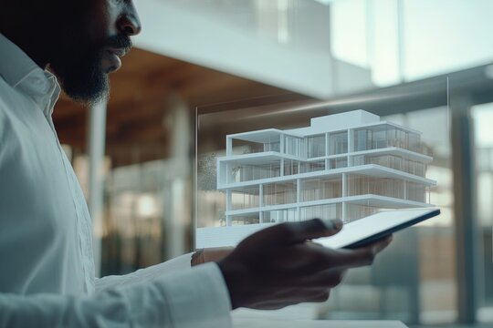 Architect examining digital model of modern building using tablet in contemporary office space