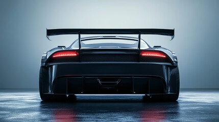 Sleek black sports car with illuminated spoiler and rear lights parked in an empty garage