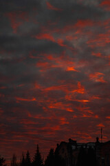 a dramatic sunset with vibrant red and orange hues streaking through a textured sky, silhouetting...