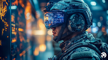Young caucasian male soldier using futuristic digital interface in tactical gear