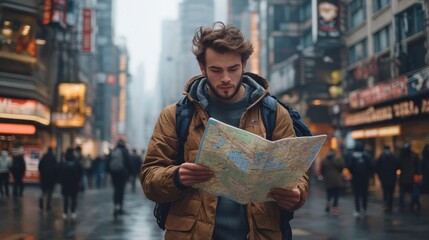 Urban Explorer: A Young Man Navigates the City Streets with a Map