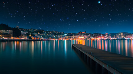 A coastal celebration in Wellington with fireworks over the harbor under a starry sky.