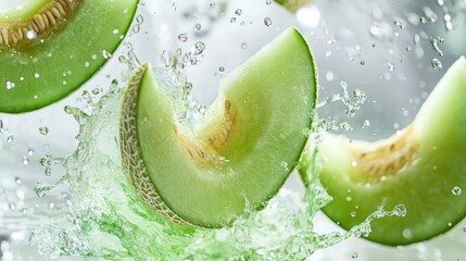 Honeydew Splash Honeydew melon slices in a refreshing green liquid burst, capturing a light, juicy vibe.