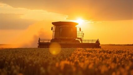 Obraz premium Golden sunset over a vast wheat field with a combine harvester in motion on a tranquil evening