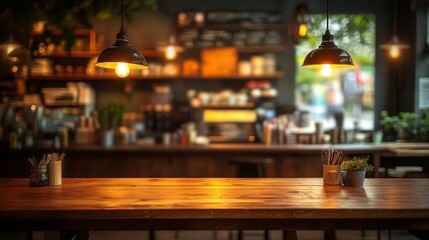 Obraz premium Empty Rustic Bar Counter with Warm Lighting, Blurry Background, and Urban Chic Ambiance