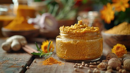 Naklejka premium Rustic indian spice blend in jar with turmeric, ginger, and herbs on wooden table