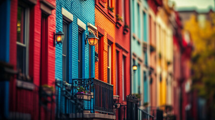 Naklejka premium Vibrant row of colorful urban townhouses with intricate architectural details