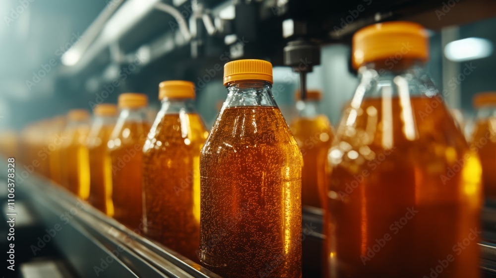 Poster bottles filled with freshly made juice move along a production line in a bright facility.