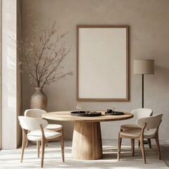 A white framed picture hangs on a wall. The picture is white and has no content. A table is in the room with four chairs around it. A vase is on the table