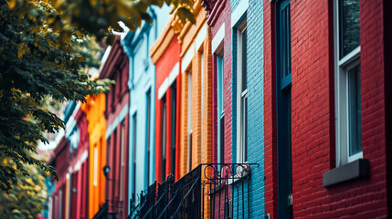 Obraz premium Colorful urban row houses with vibrant facades in a neighborhood setting