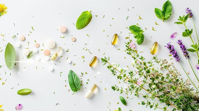 Herbal supplements and pills with fresh leaves and flowers on a white background
