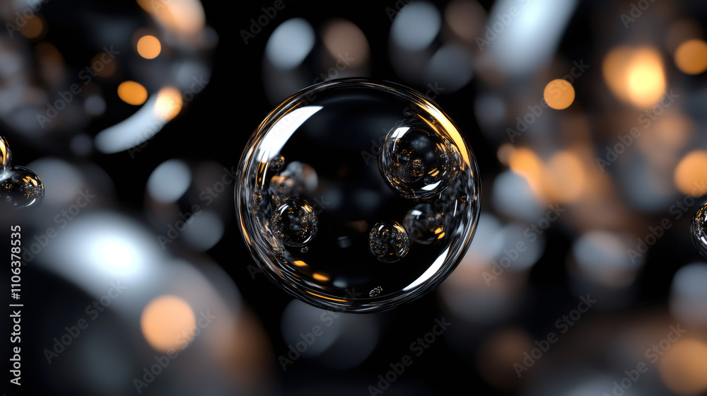 Poster Mesmerizing abstract composition of glassy spheres with smaller bubbles on a dark background with golden bokeh
